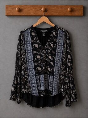 Lucky Brand Boho Tribal Print  Blouse M Black Blue Bell Sleeve